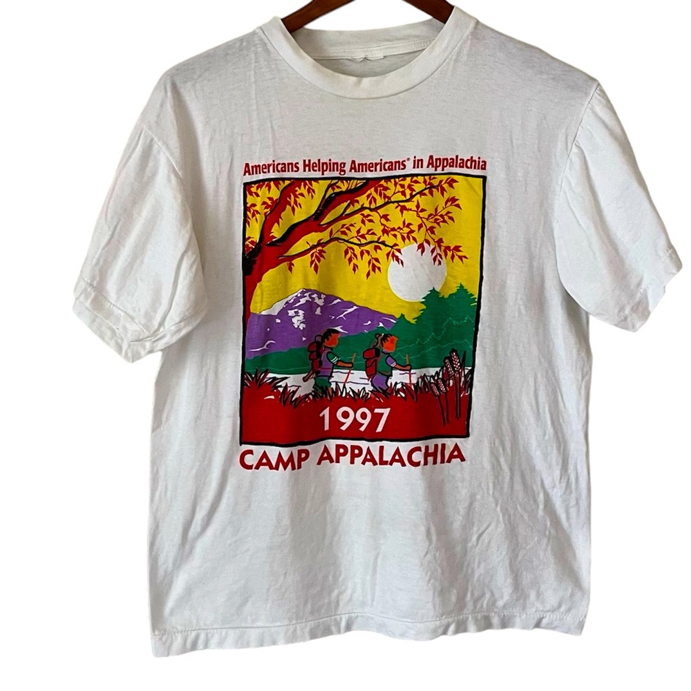 Camp Appalachia 1997 Vintage Single Stitch Graphic White Tee Shirt Mens Small